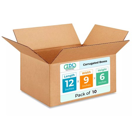 IDL PACKAGING 12L x 9W x 6H Corrugated Boxes for Shipping or Moving, Heavy Duty, 10PK B-1296-10